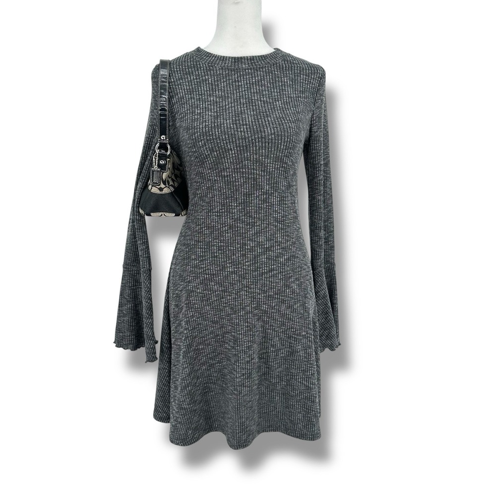 Abercrombie‎ Fitch Ribbed Knit Dress S Gray Bell Sleeve Mini Y2K Grunge Stretch